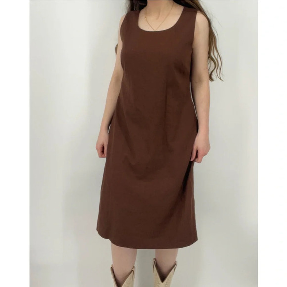 vintage boho minimalist earth tone brown linen blend shift dress sleeveless 14 - Picture 1 of 8